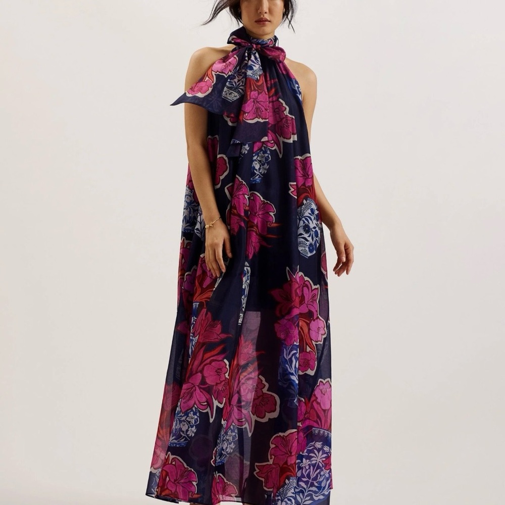 Ted Baker Organza Floral Halter Maxi Dress - Pink and Blue